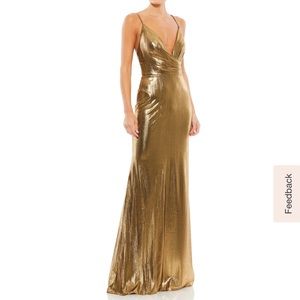 MAC DUGGAL METALLIC FAUX WRAP SPAGHETTI STRAP GOWN